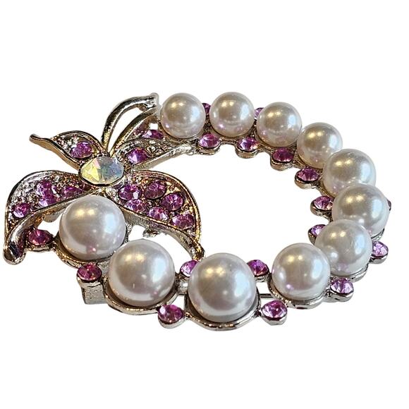 Purple Brooch Pin Faux Pearl Rhinestone Butterfly Silver Tone Wreath Gift Box - Picture 3 of 10